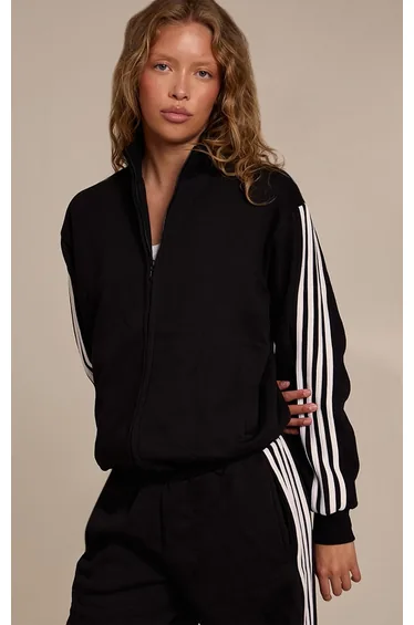 Black Double Side Stripe Zip Up Bomber Jacket