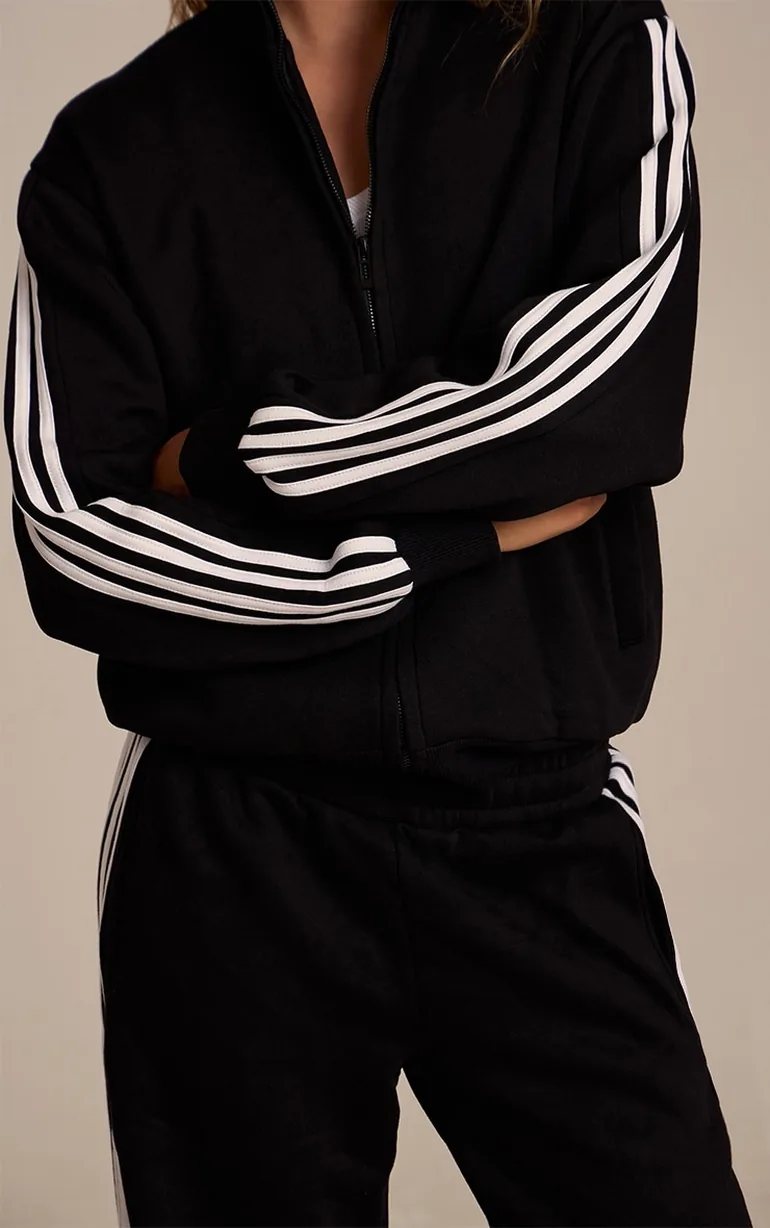 Black Double Side Stripe Zip Up Bomber Jacket - 3