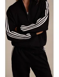 Black Double Side Stripe Zip Up Bomber Jacket - 3