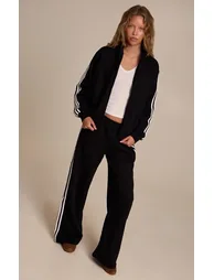 Black Double Side Stripe Zip Up Bomber Jacket - 2