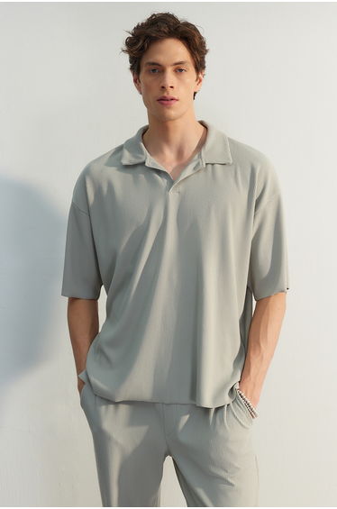 Limited Edition Large Size Stone Mens Oversize Textured Wrinkle-Free Ottoman Seamless Polo Collar T-Shirt