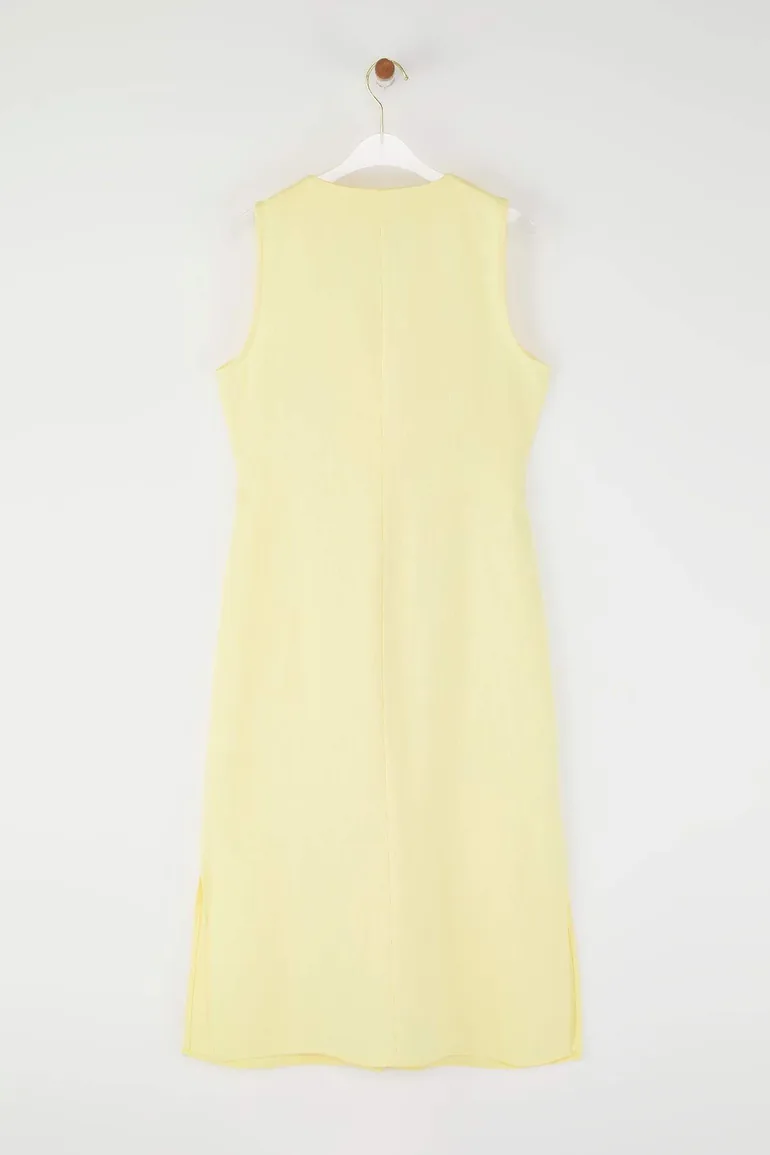 Light Yellow Belted Linen Blend Midi Woven Shirt Dress - 5