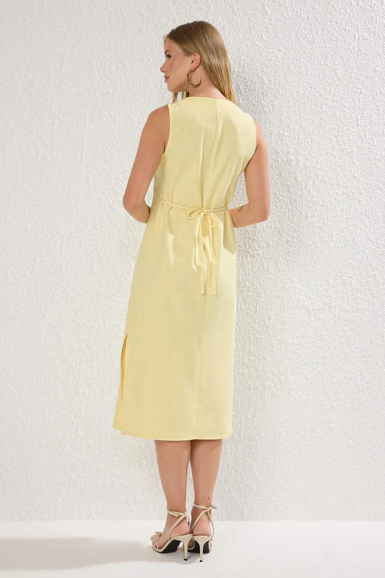 Light Yellow Belted Linen Blend Midi Woven Shirt Dress - 3