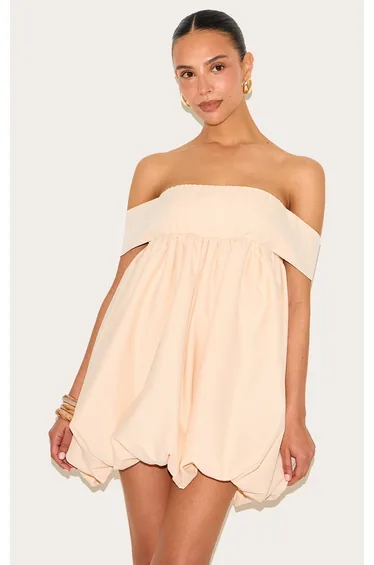 Petite Peach Bardot Puffball Mini Dress