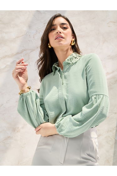 Lace Collar Relaxed Shirt with Concealed Placket