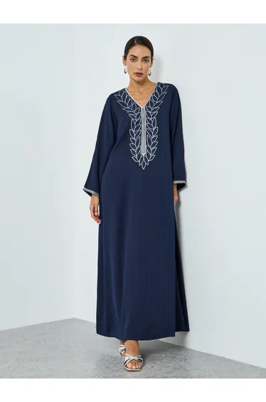 Women Navy Blue Embroidered A-line Jalabiya