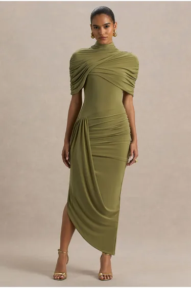 Enchant | Olive Asymmetric Twisted Cape Midi Dress