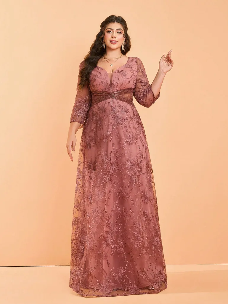 Leely Plus Women's Elegant V Neck Long Sleeve Lace A-Line Dress - 1