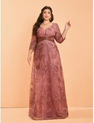 Leely Plus Women's Elegant V Neck Long Sleeve Lace A-Line Dress - 1