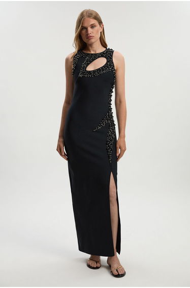 Embellished Figure Form Bandage Sleeveless Knit Maxi Dress