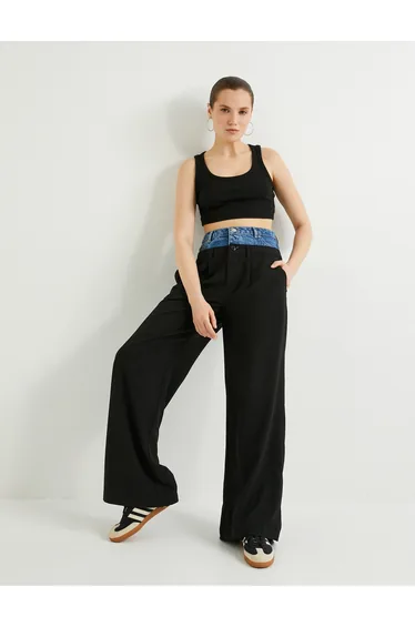 Contrast Double Waist Fabric Trousers with Straight Leg Pockets
