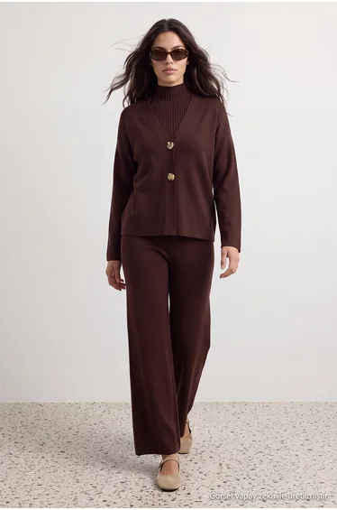 Brown Accessory Detailed 3-Piece Cardigan-Blouse-Pants Knitwear Set