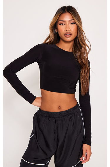 Black Basic Slinky Long Sleeve Crop Top