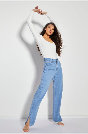 Glamorous Women's Bright Bleach Blue High Waisted Straight Leg Jeans with Side Split