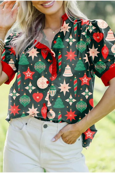Lvness Green Christmas Fashion Print Contrast Trim Frilled Neck Short Sleeve Blouse