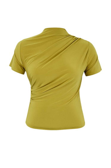 Oil Green Stand Collar Gathered Sandy Knitted Plus Size Blouse