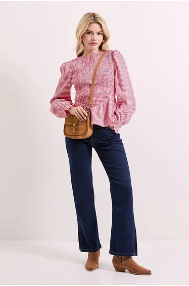 بلوزة دوروثي بيركينز قطن أحمر بطبعة كاروهات بأكمام طويلة