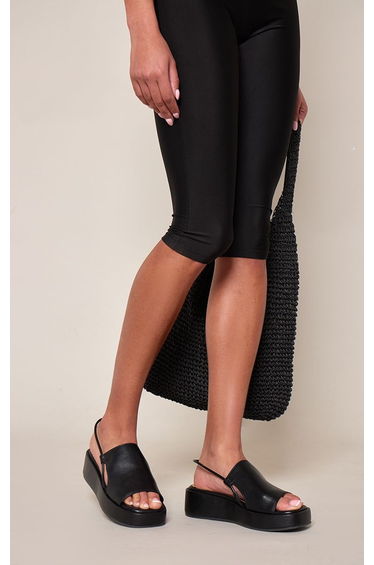 Black Faux Leather Slingback Platform Sandals