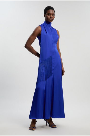 Viscose Satin Sleeveless Cowl Neck Drape Woven Maxi Dress