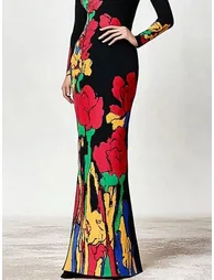 Skinny Flower Print Multi-Colored High Neck Maxi Dresses - 3