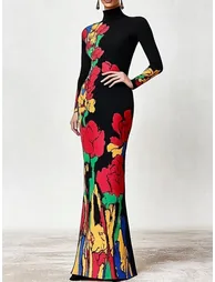 Skinny Flower Print Multi-Colored High Neck Maxi Dresses - 1