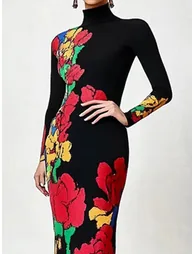 Skinny Flower Print Multi-Colored High Neck Maxi Dresses - 2