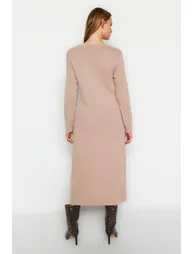 Beige Plain Knitwear Dress - 4