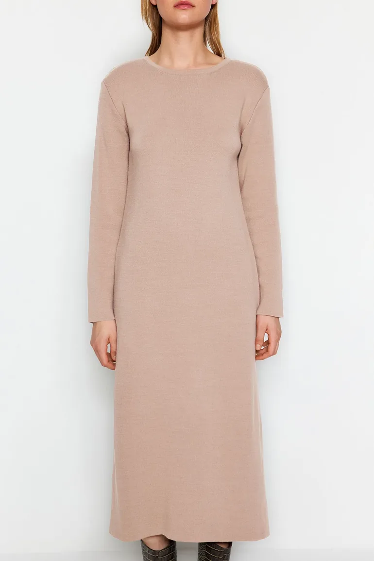 Beige Plain Knitwear Dress - 2