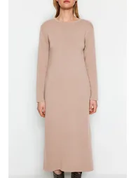 Beige Plain Knitwear Dress - 2