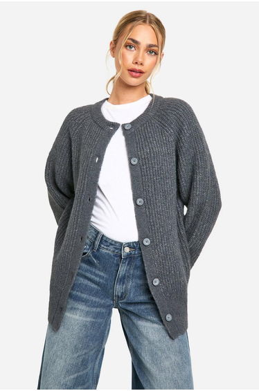 Knitted Oversized Boxy Button Front Cardigan - charcoal
