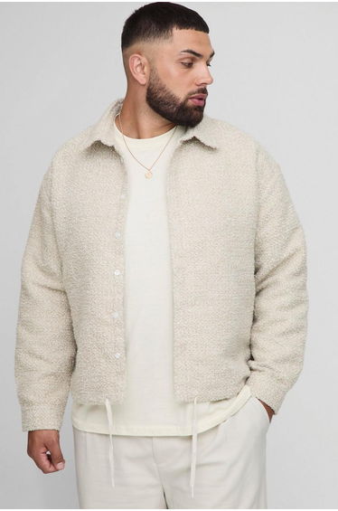 Plus Oversized Boxy Bungee Hem Boucle Overshirt - ecru