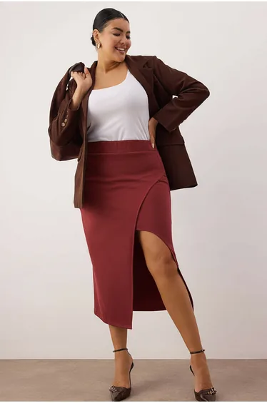 Burgundy slit detail knitted stretch fabric plus size midi skirt
