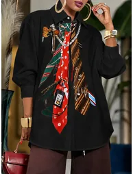 Loose Three-Quarter Sleeves Buttoned Contrast Color Printed Split-Joint Lapel Blouses&Shirts Tops - 1