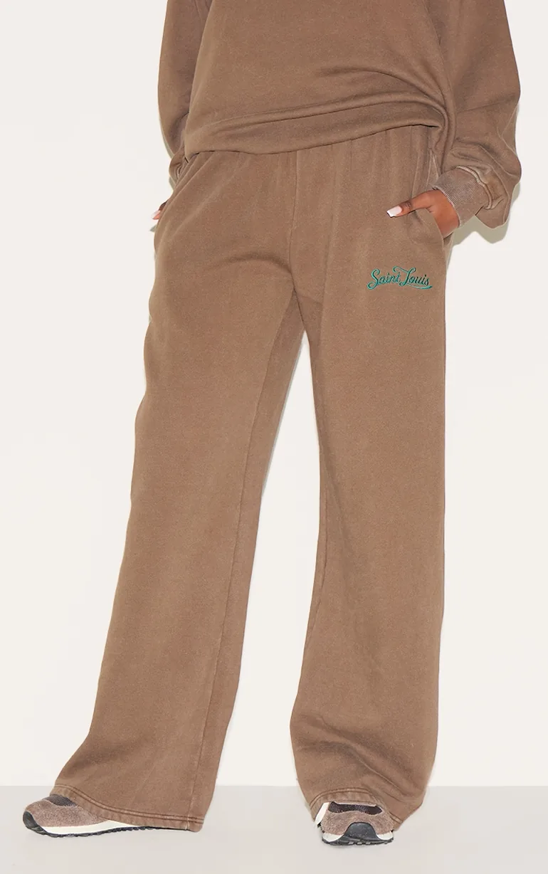 Taupe Saint Louis Embroidered Wide Leg Joggers - 1