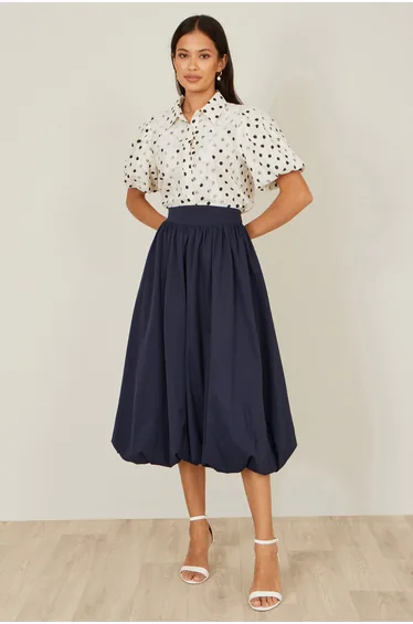 Yumi Navy Satin Bubble Hem Midi Skirt