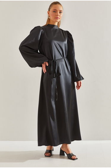 Modest Women's Belted Balloon Sleeve Hijab Dress