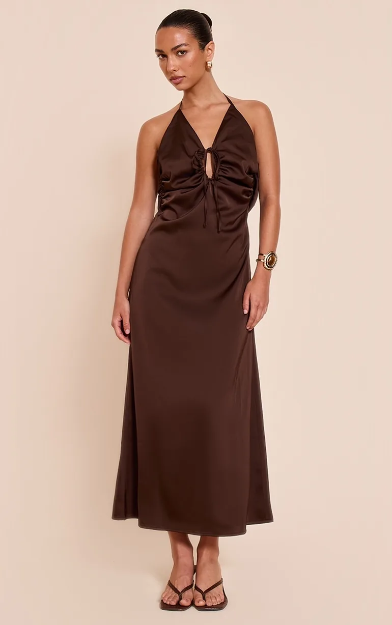 Chocolate Satin Tie Front Maxi Dress Prettylittlething Brown : Evening  Dresses : VogaCloset Saudi Arabia