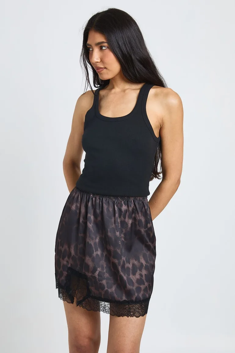 Tall Leopard Satin Lace Trim Mini Skirt - leopard - 1