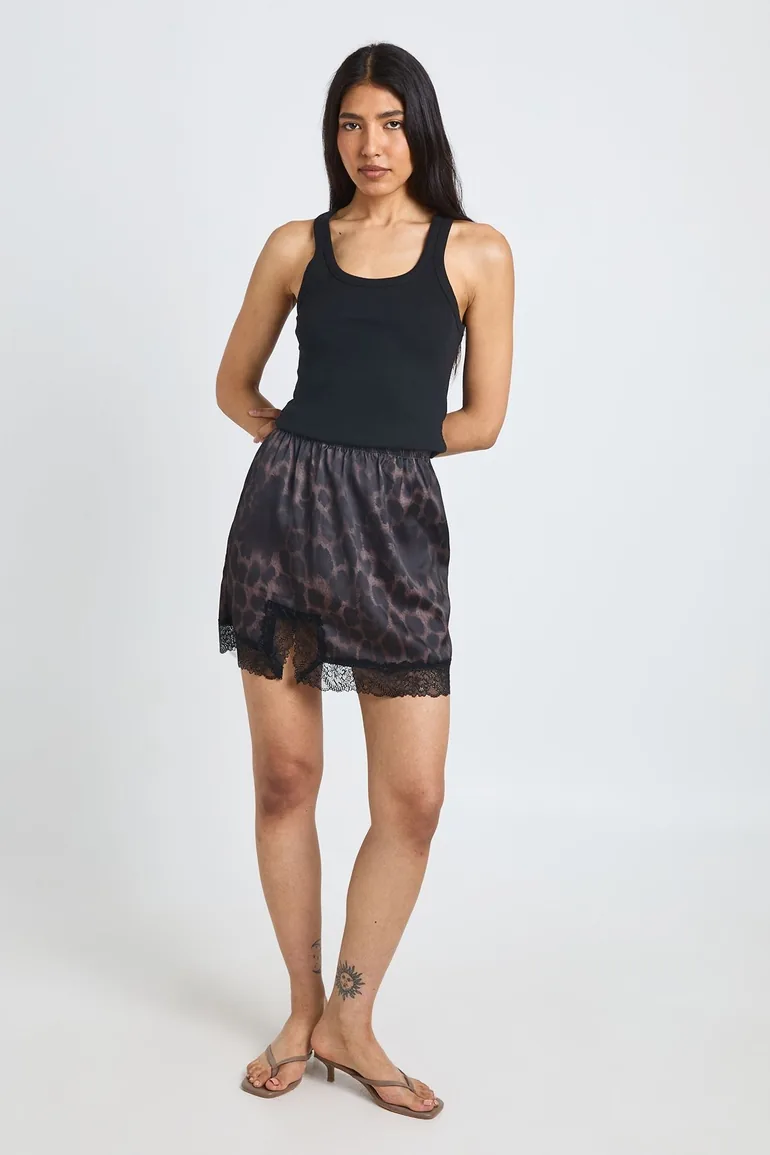 Tall Leopard Satin Lace Trim Mini Skirt - leopard