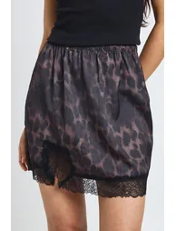 Tall Leopard Satin Lace Trim Mini Skirt - leopard - 3