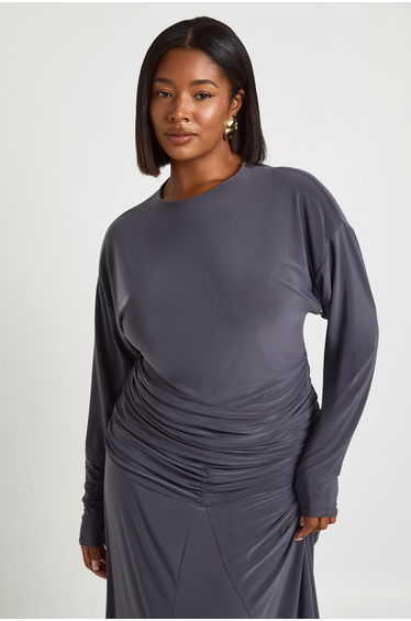 Plus Blouson Long Sleeve Top - slate grey