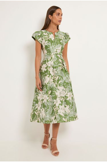 Jacquard Cap Sleeve Belted Midi Dress