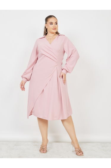 Plus Pleated Collared A-line Midi Dress
