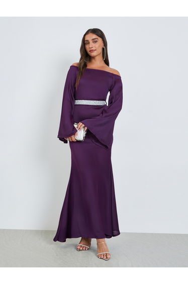 Purple Off Shoulder Maxi Dress with Tie Up Belt