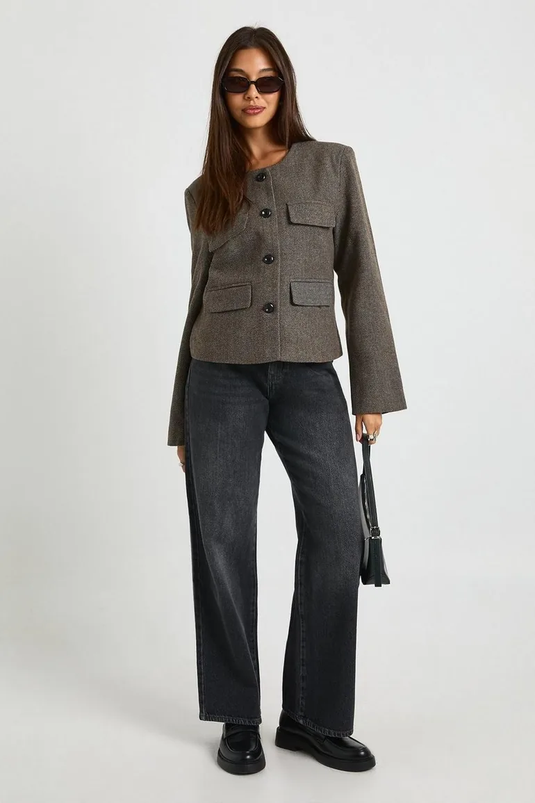 Premium Herringbone Pocket Detail Tailored Jacket - grey