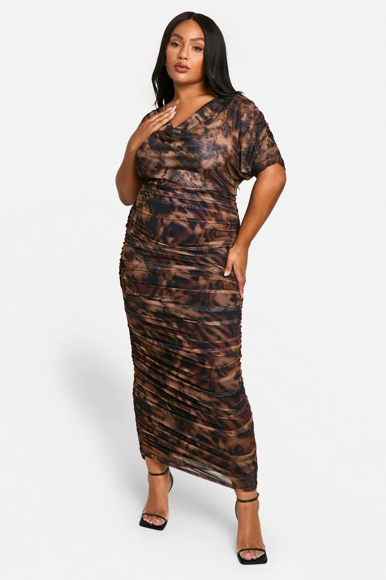 Plus Abstract Printed  Cowl Neck Ruched Midaxi Dress - brown