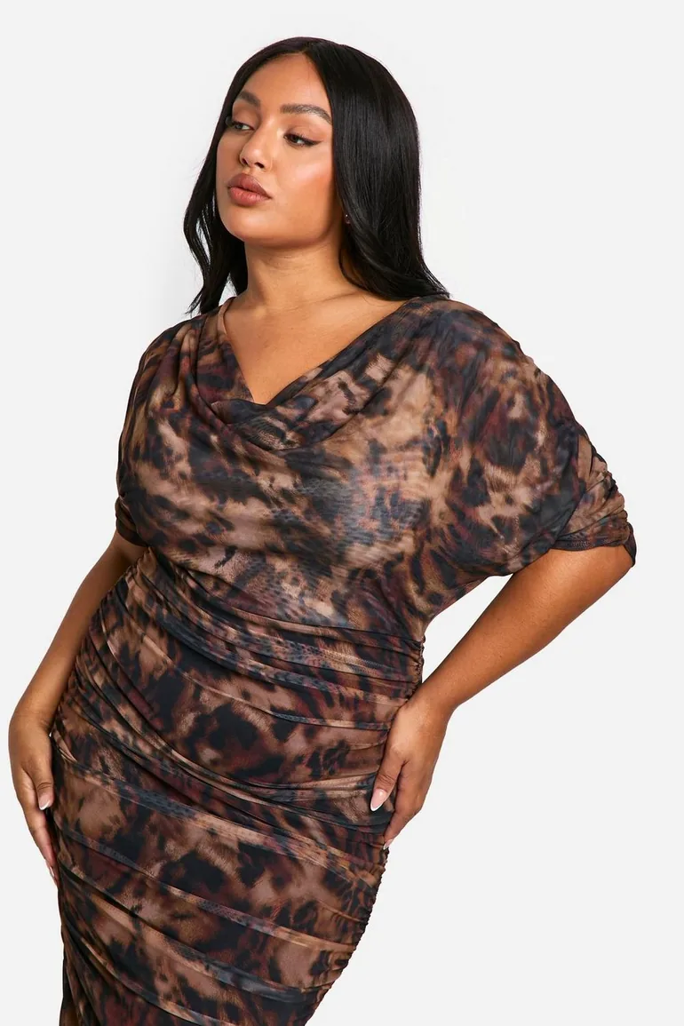 Plus Abstract Printed  Cowl Neck Ruched Midaxi Dress - brown - 3
