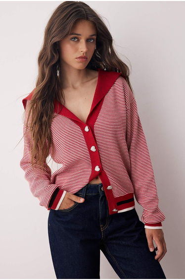 Red Cotton Button Detailed Knit Cardigan