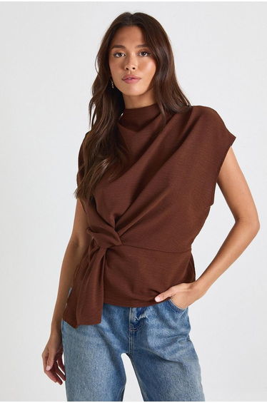Hammered Knot Front Cowl Neck Blouse - chocolate