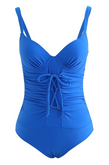 Ruched Lace-Up Front Open Back Swimsuit in Blue